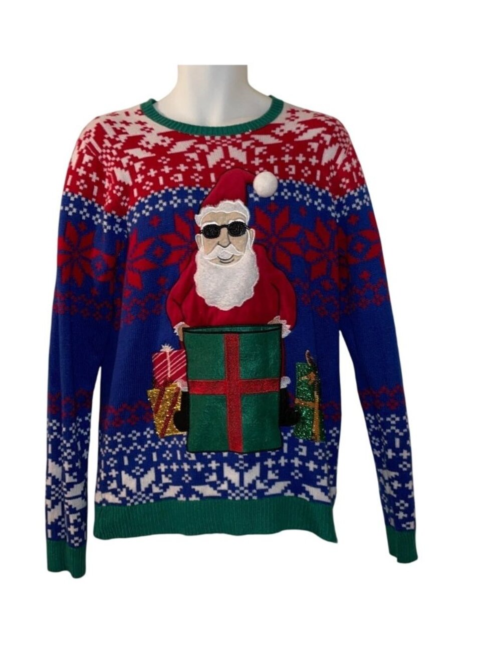 Jolly Sweaters Santa Ugly Christmas Sweater With Applique & Pocket Design M/M